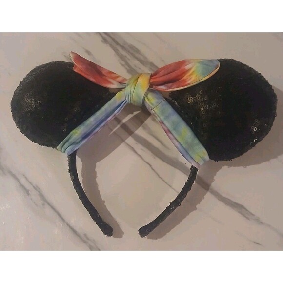 Black Sequin Mouse Ears Tie Dye Bow Headband Mickey Minnie - Picture 1 of 5